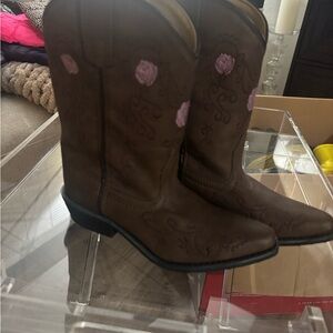 Brown Cowboy Boots with Pink Embroidery